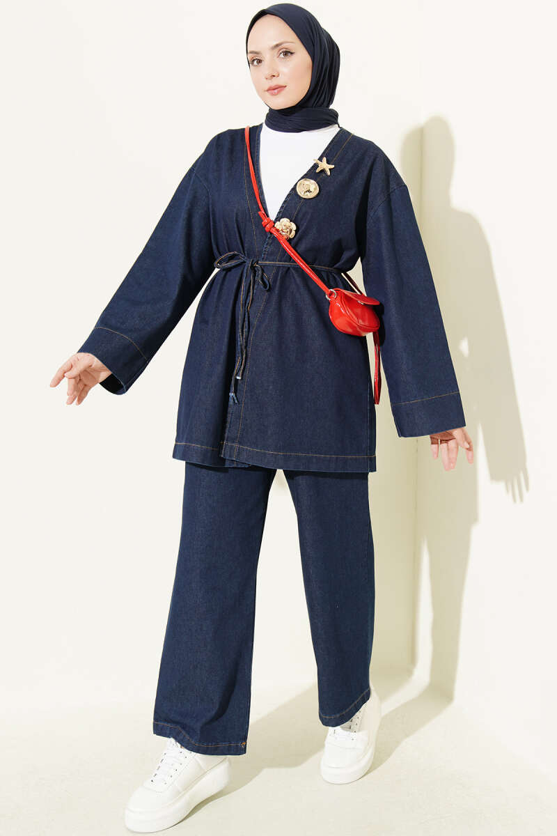 V-Neck Brooch-Embellished Denim Two-Piece Set Dark Blue
