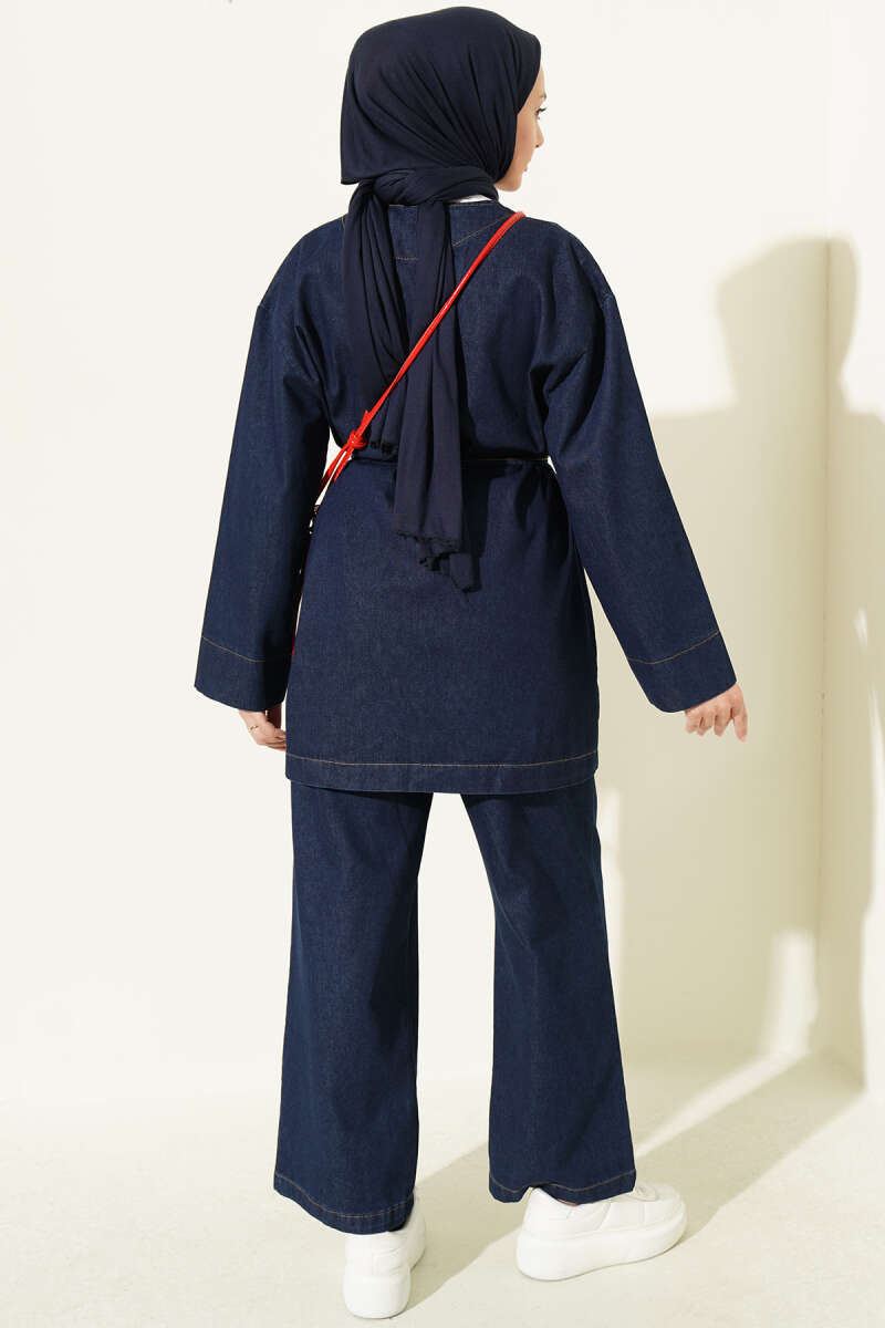 V-Neck Brooch-Embellished Denim Two-Piece Set Dark Blue - immagine 3