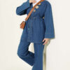 V-Neck Brooch-Embellished Denim Two-Piece Set Blue