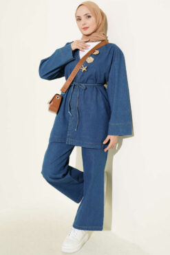 V-Neck Brooch-Embellished Denim Two-Piece Set Blue