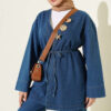 V-Neck Brooch-Embellished Denim Two-Piece Set Blue – Image 2