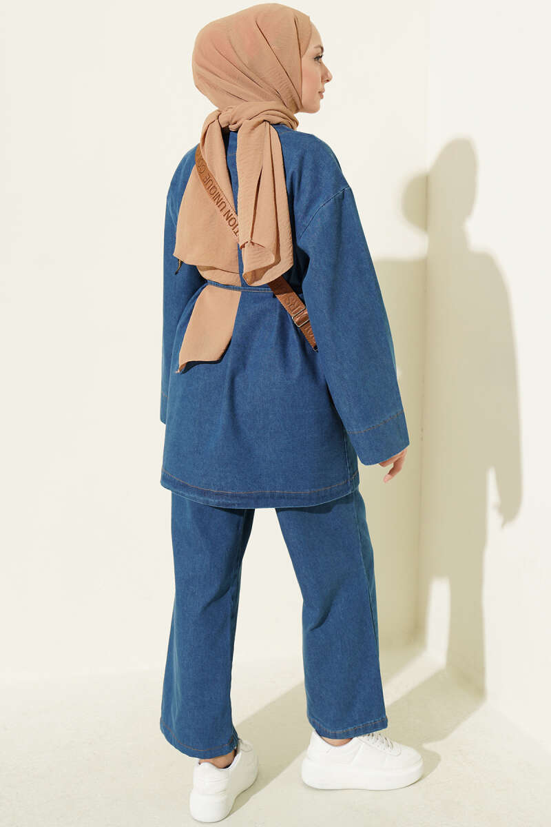 V-Neck Brooch-Embellished Denim Two-Piece Set Blue – Image 3