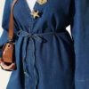 V-Neck Brooch-Embellished Denim Two-Piece Set Blue – Image 4