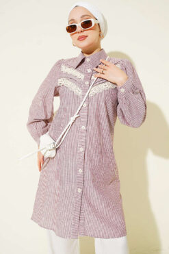 V-Neck Lace Trim Striped Blouse Rose Dust