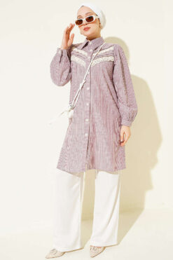 Alternative view of V-Neck Lace Trim Striped Blouse Rose Dust