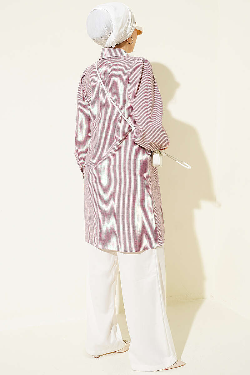 V-Neck Lace Trim Striped Blouse Rose Dust - الصورة 3