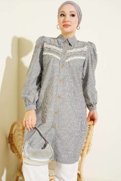 V-Neck Lace Trim Striped Blouse Black