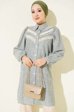 V-Neck Lace Trim Striped Blouse Green