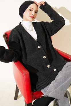 V-Neck Button-Front Oversized Knit Cardigan Anthracite