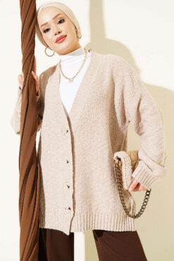 V-Neck Button-Front Oversized Knit Cardigan Beige