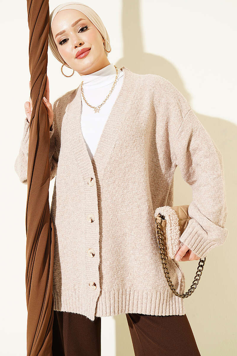 V-Neck Button-Front Oversized Knit Cardigan Beige