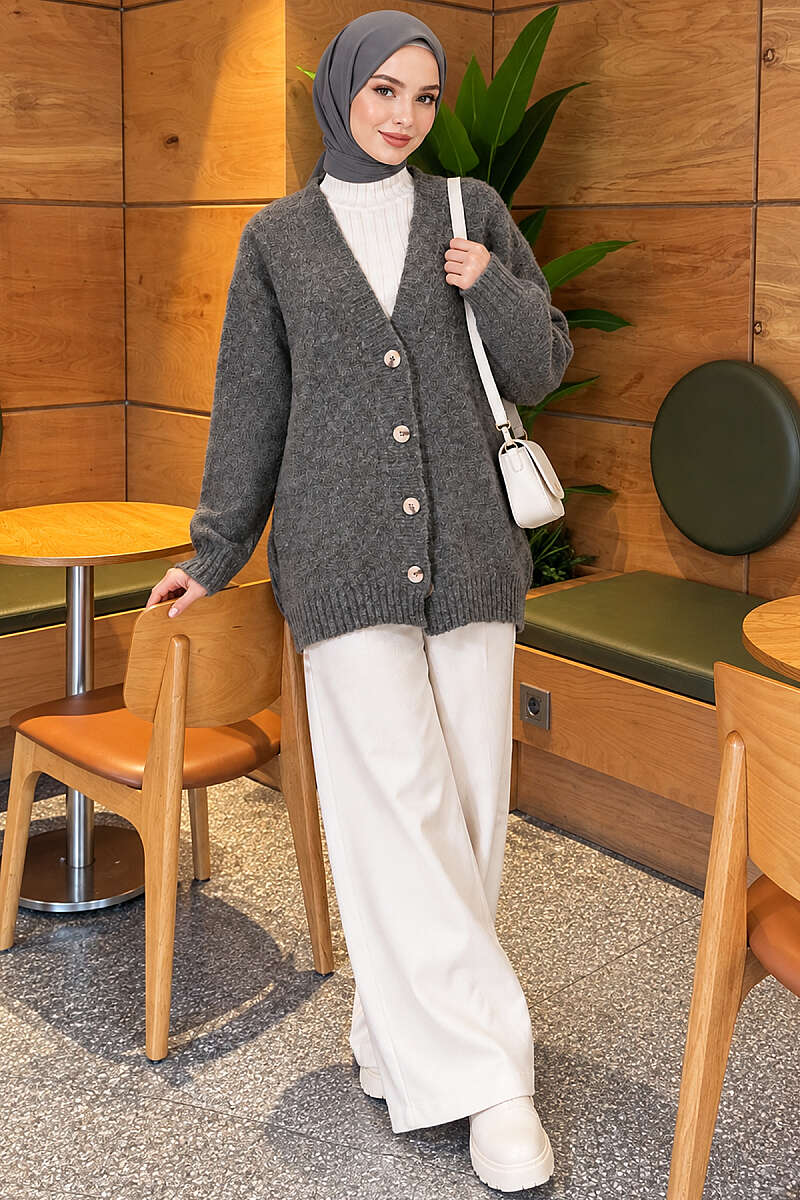 V-Neck Button-Front Oversized Knit Cardigan Smoke - Afbeelding 2