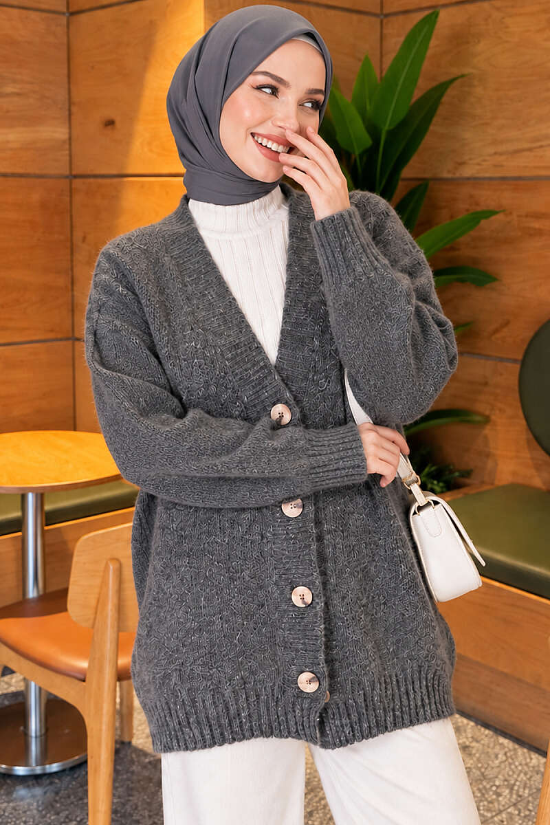 V-Neck Button-Front Oversized Knit Cardigan Smoke