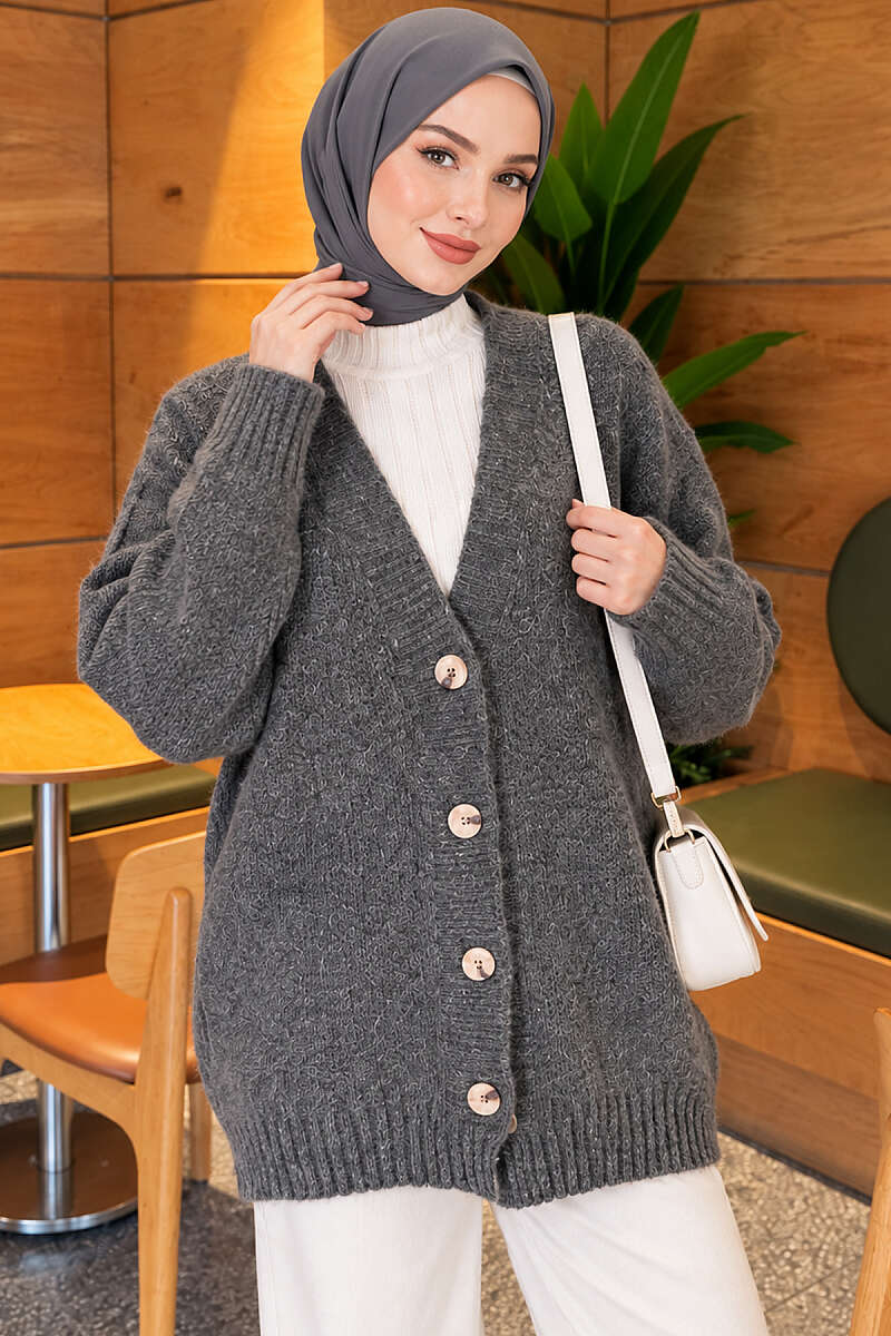 V-Neck Button-Front Oversized Knit Cardigan Smoke - Afbeelding 3