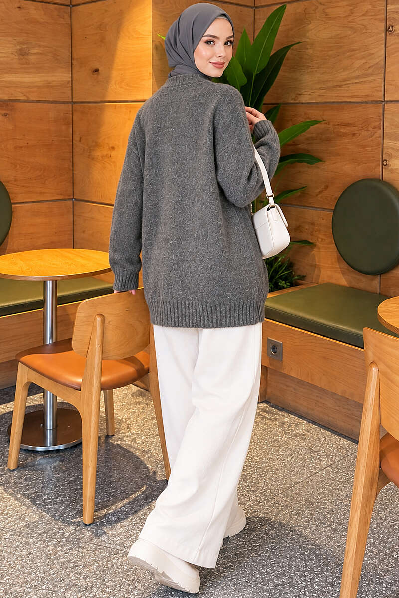 V-Neck Button-Front Oversized Knit Cardigan Smoke - Afbeelding 4
