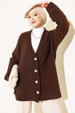 V-Neck Button-Front Oversized Knit Cardigan Brown