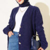 V-Neck Button-Front Oversized Knit Cardigan Navy Blue