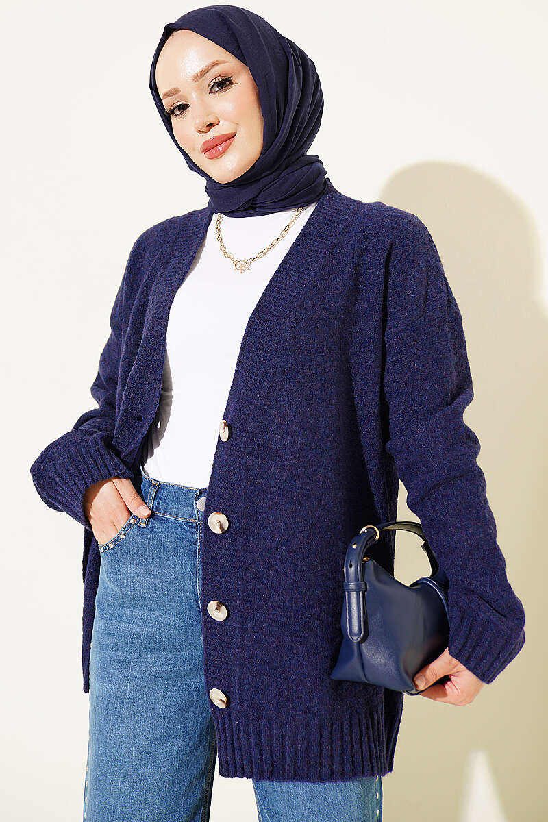 V-Neck Button-Front Oversized Knit Cardigan Navy Blue