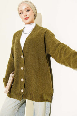 V-Neck Button-Front Oversized Knit Cardigan Oil Green