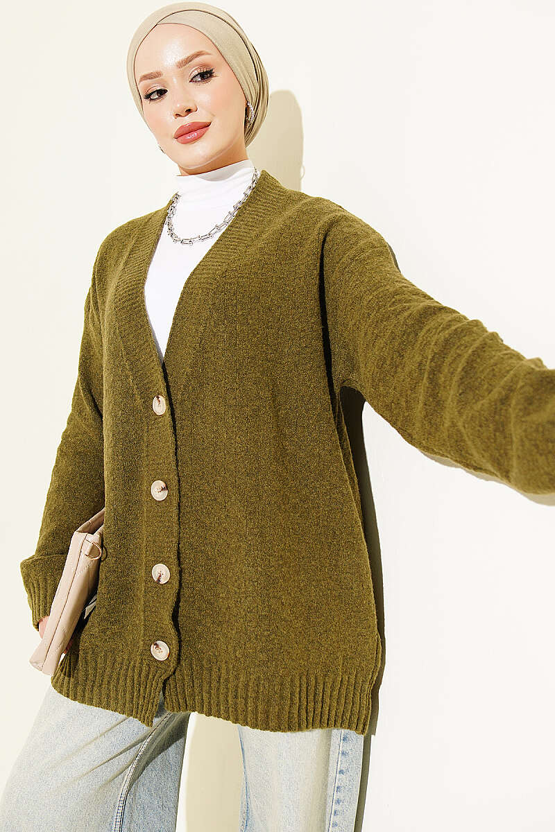 V-Neck Button-Front Oversized Knit Cardigan Oil Green