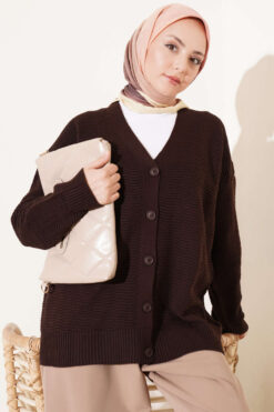 V-Neck Ribbed Oversized Knit Cardigan Dark Brown