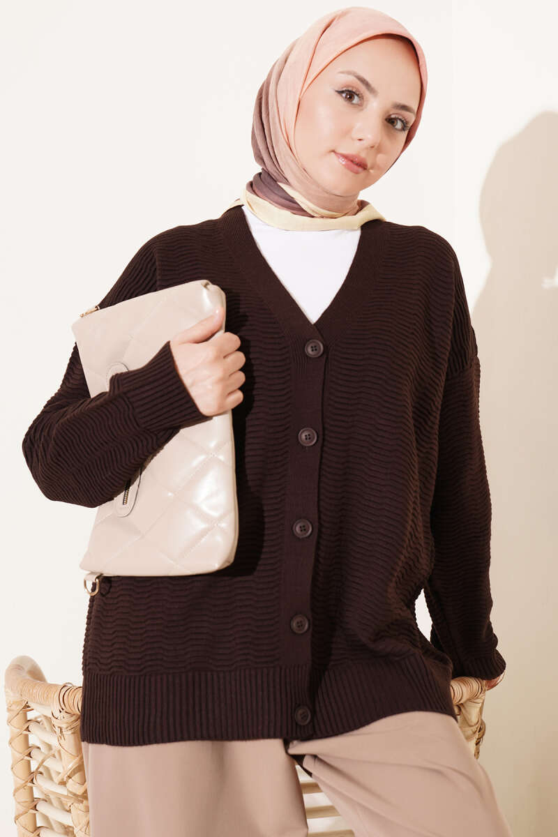 V-Neck Ribbed Oversized Knit Cardigan Dark Brown
