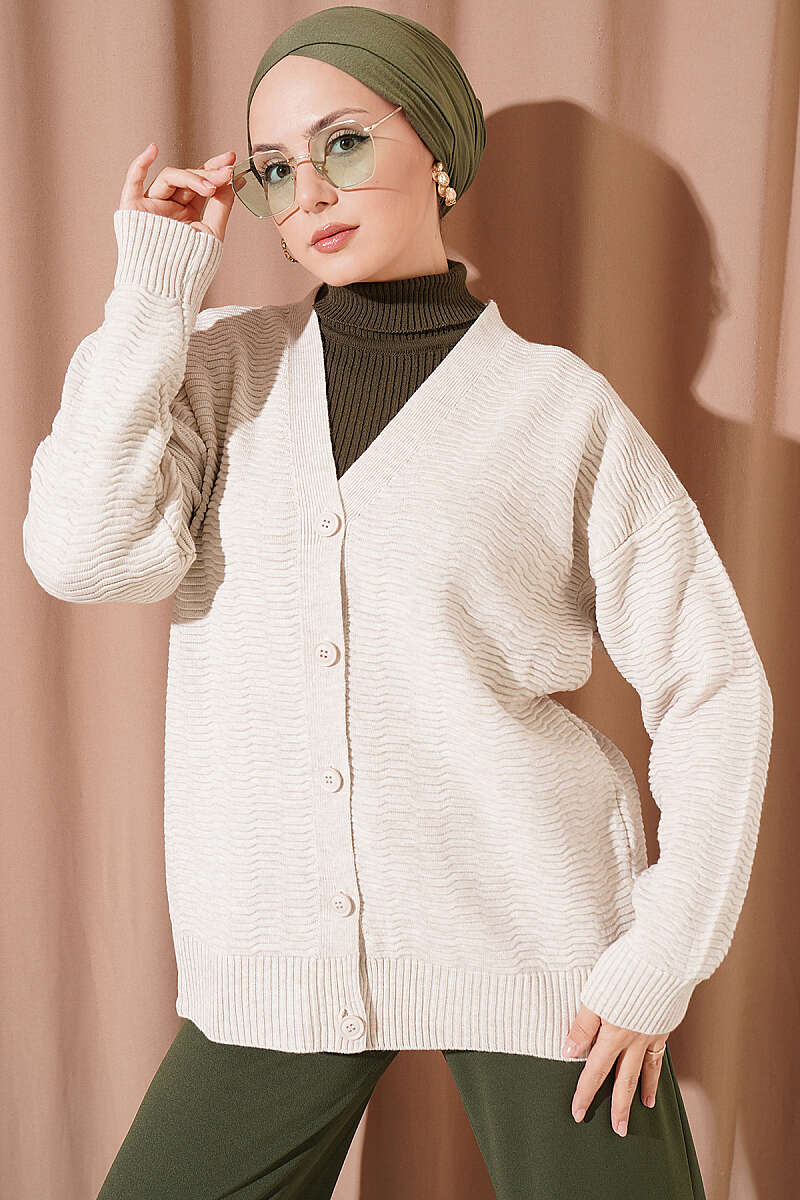 V-Neck Ribbed Oversized Knit Cardigan Beige