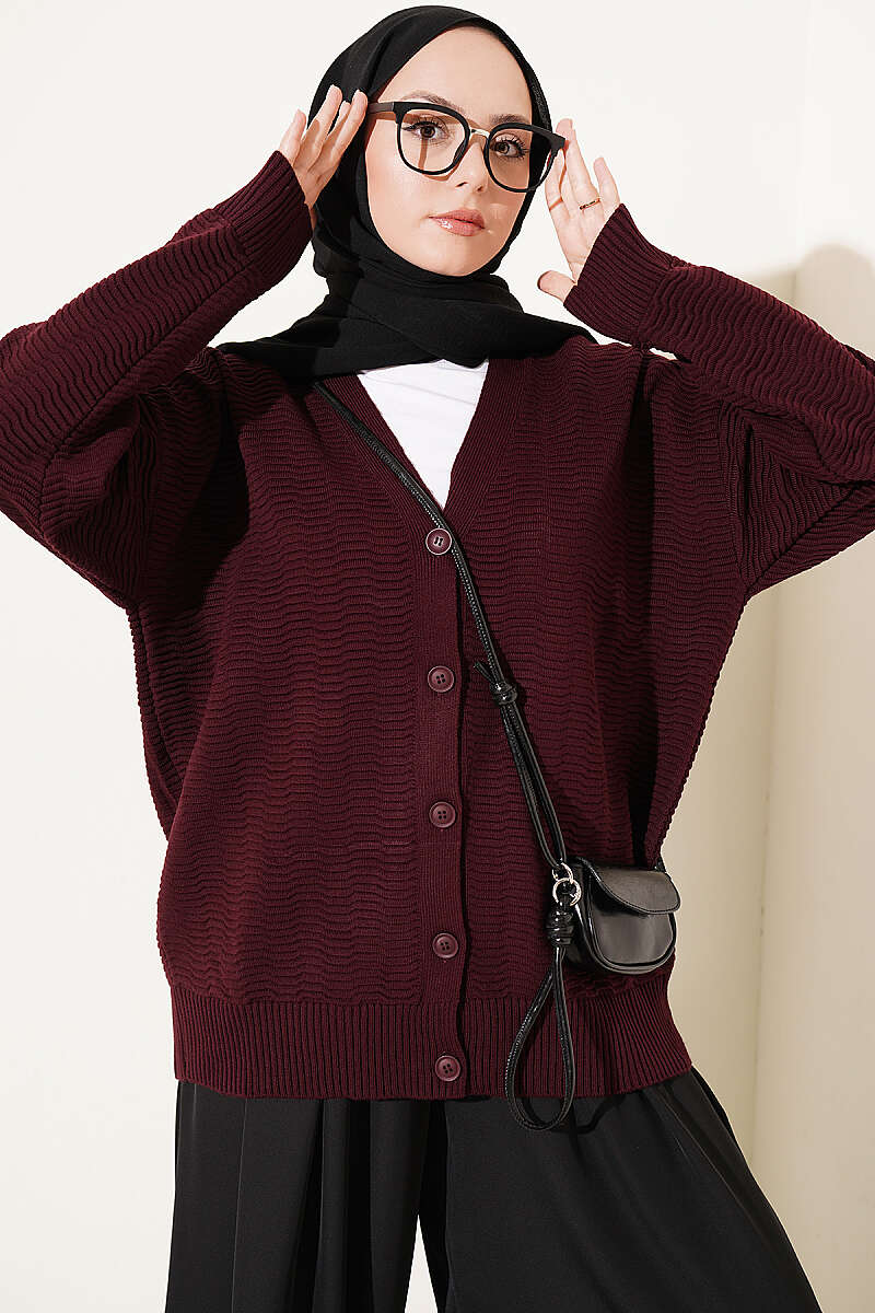 V-Neck Ribbed Oversized Knit Cardigan Burgundy