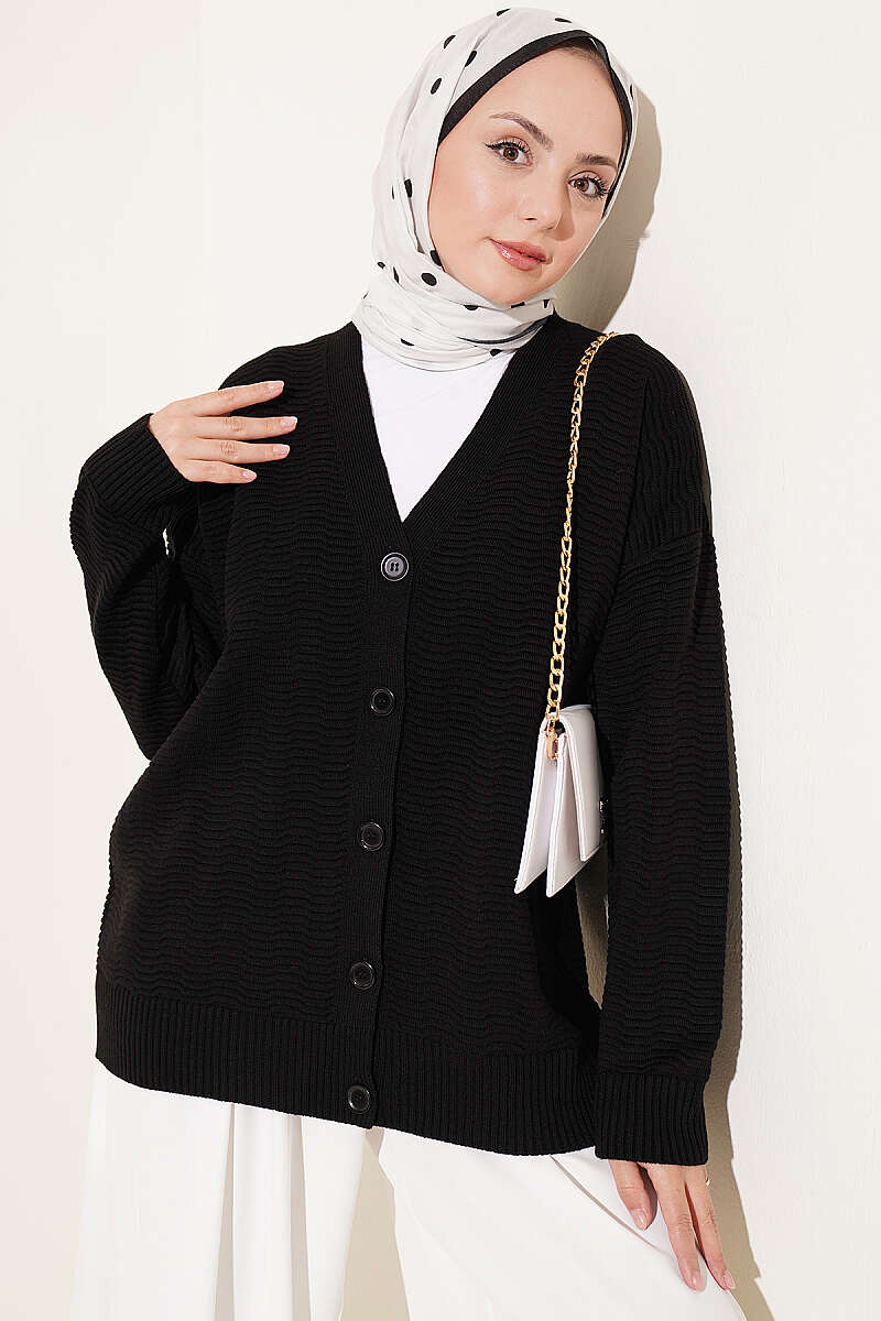 V-Neck Ribbed Oversized Knit Cardigan Black