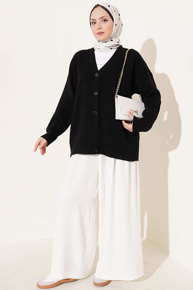 V-Neck Ribbed Oversized Knit Cardigan Black – Bild 2