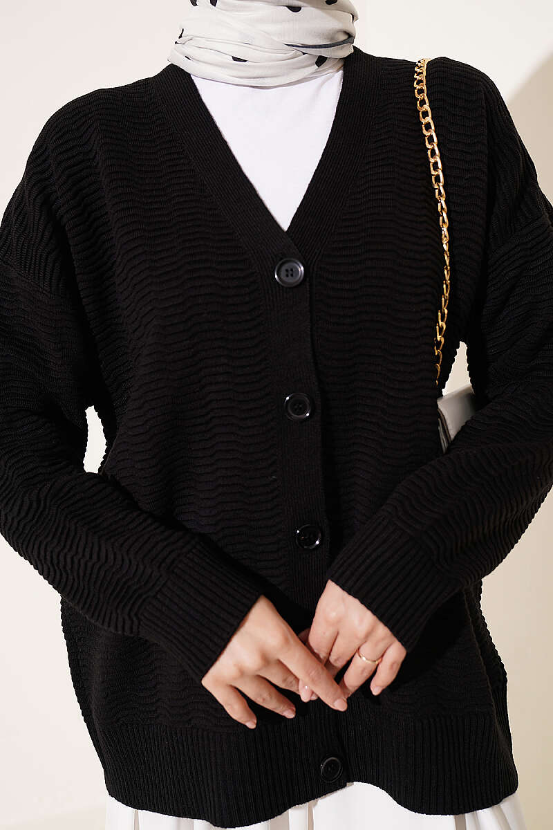 V-Neck Ribbed Oversized Knit Cardigan Black – Bild 4