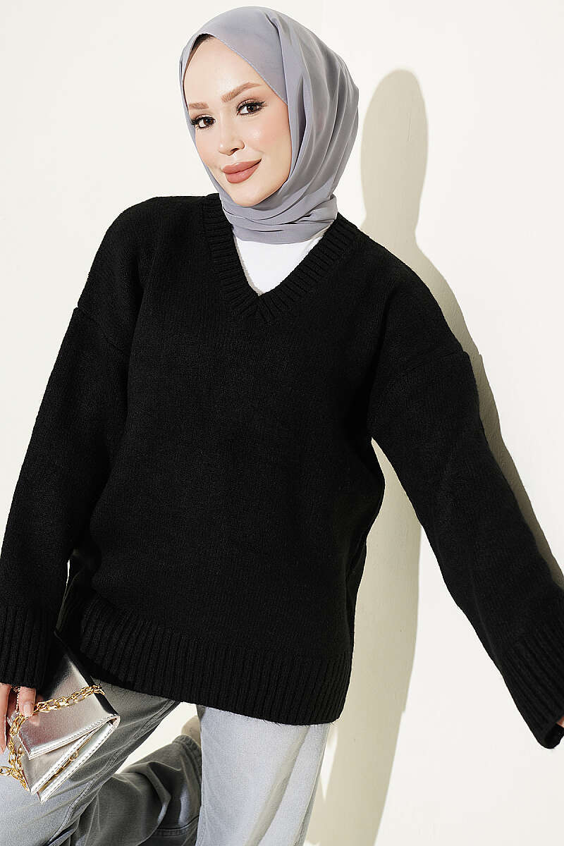 V-Neck Ribbed Knit Tunic Black