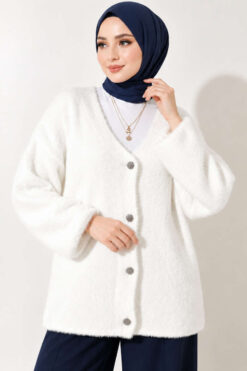 V-Neck Bearded Button-up Cardigan White
