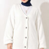 V-Neck Bearded Button-up Cardigan White - الصورة 2