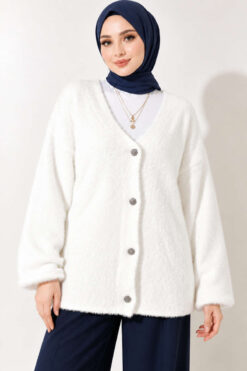 Alternative view of V-Neck Bearded Button-up Cardigan White