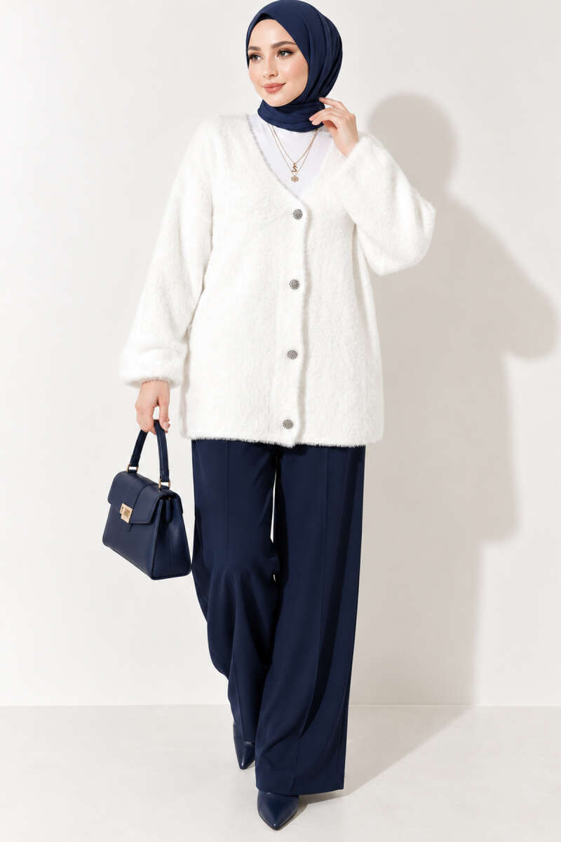 V-Neck Bearded Button-up Cardigan White - الصورة 3