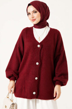 V-Neck Bearded Button-up Cardigan Burgundy