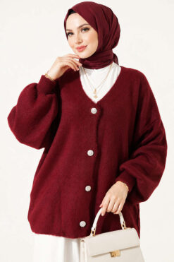 Alternative view of V-Neck Bearded Button-up Cardigan Burgundy