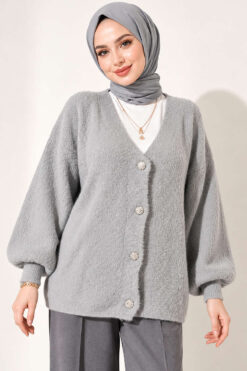V-Neck Bearded Button-up Cardigan Grey