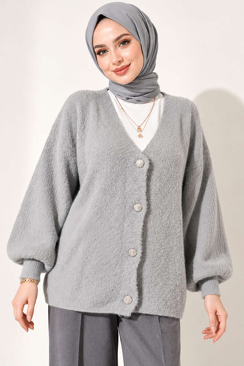 V-Neck Bearded Button-up Cardigan Grey