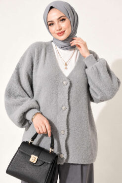 Alternative view of V-Neck Bearded Button-up Cardigan Grey