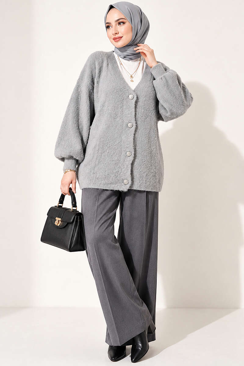 V-Neck Bearded Button-up Cardigan Grey - Imagen 3