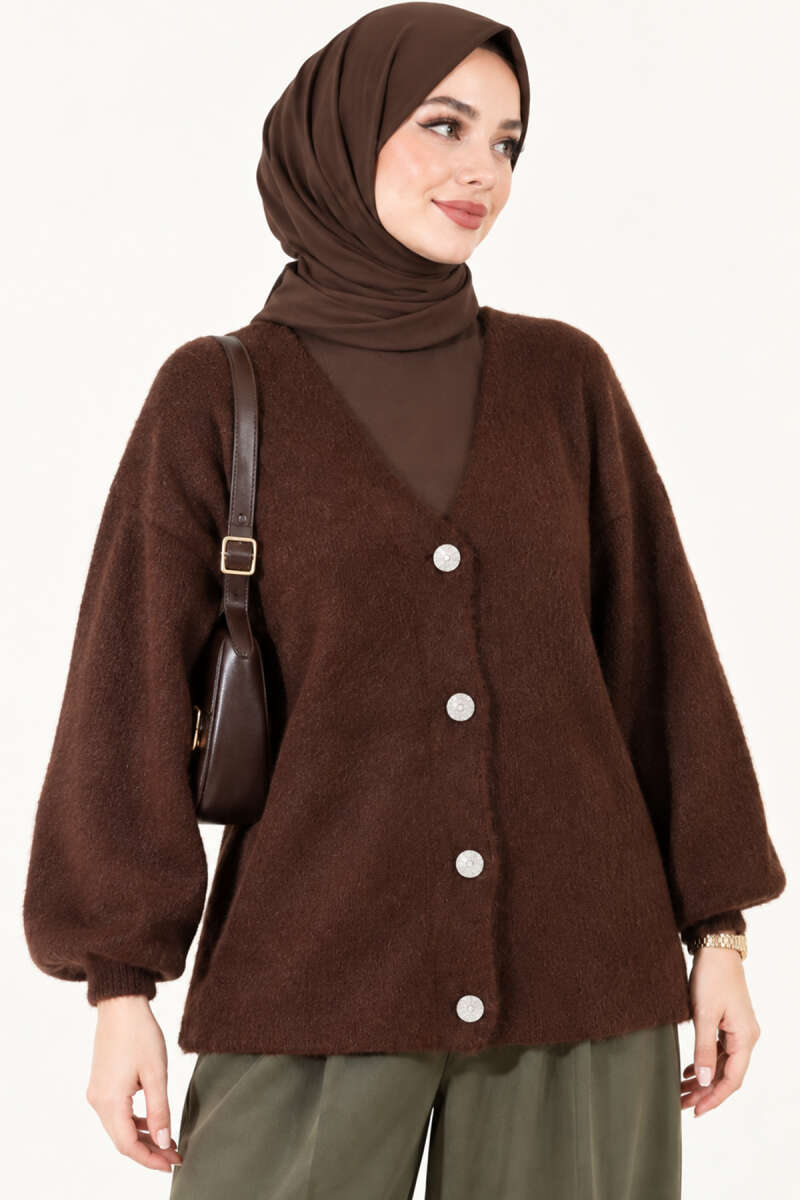 V-Neck Bearded Button-up Cardigan Brown