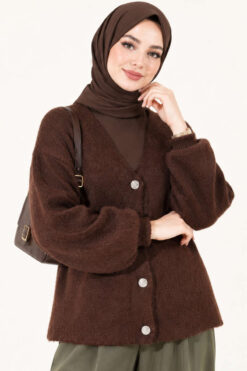 Alternative view of V-Neck Bearded Button-up Cardigan Brown