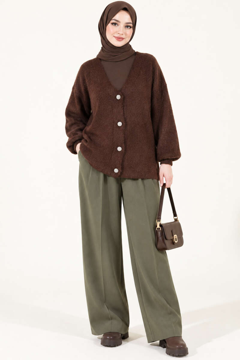 V-Neck Bearded Button-up Cardigan Brown - Imagen 3