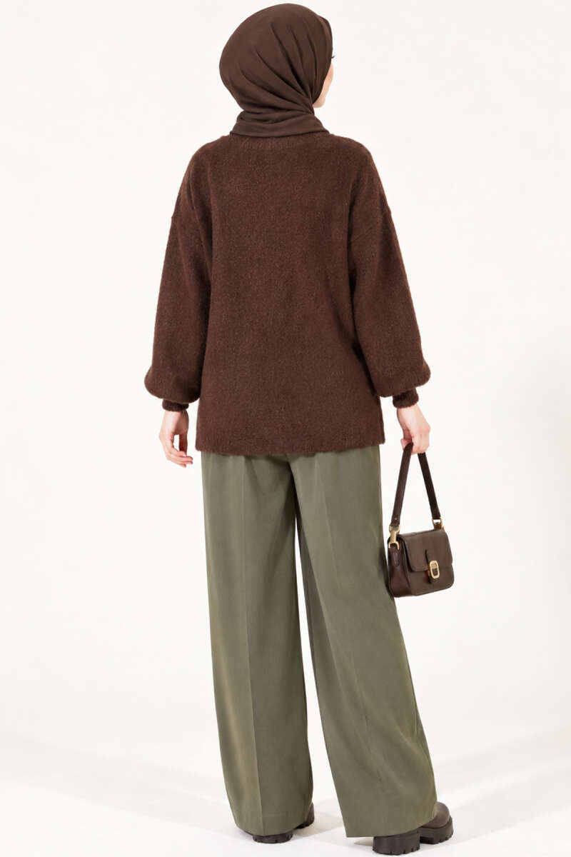 V-Neck Bearded Button-up Cardigan Brown - Imagen 4