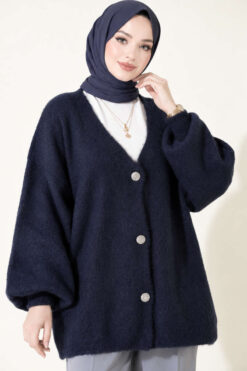 V-Neck Bearded Button-up Cardigan Navy Blue