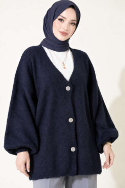 Alternative view of V-Neck Bearded Button-up Cardigan Navy Blue