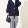 V-Neck Bearded Button-up Cardigan Navy Blue - Imagen 3