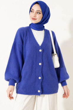 Alternative view of V-Neck Bearded Button-up Cardigan Saxon Blue